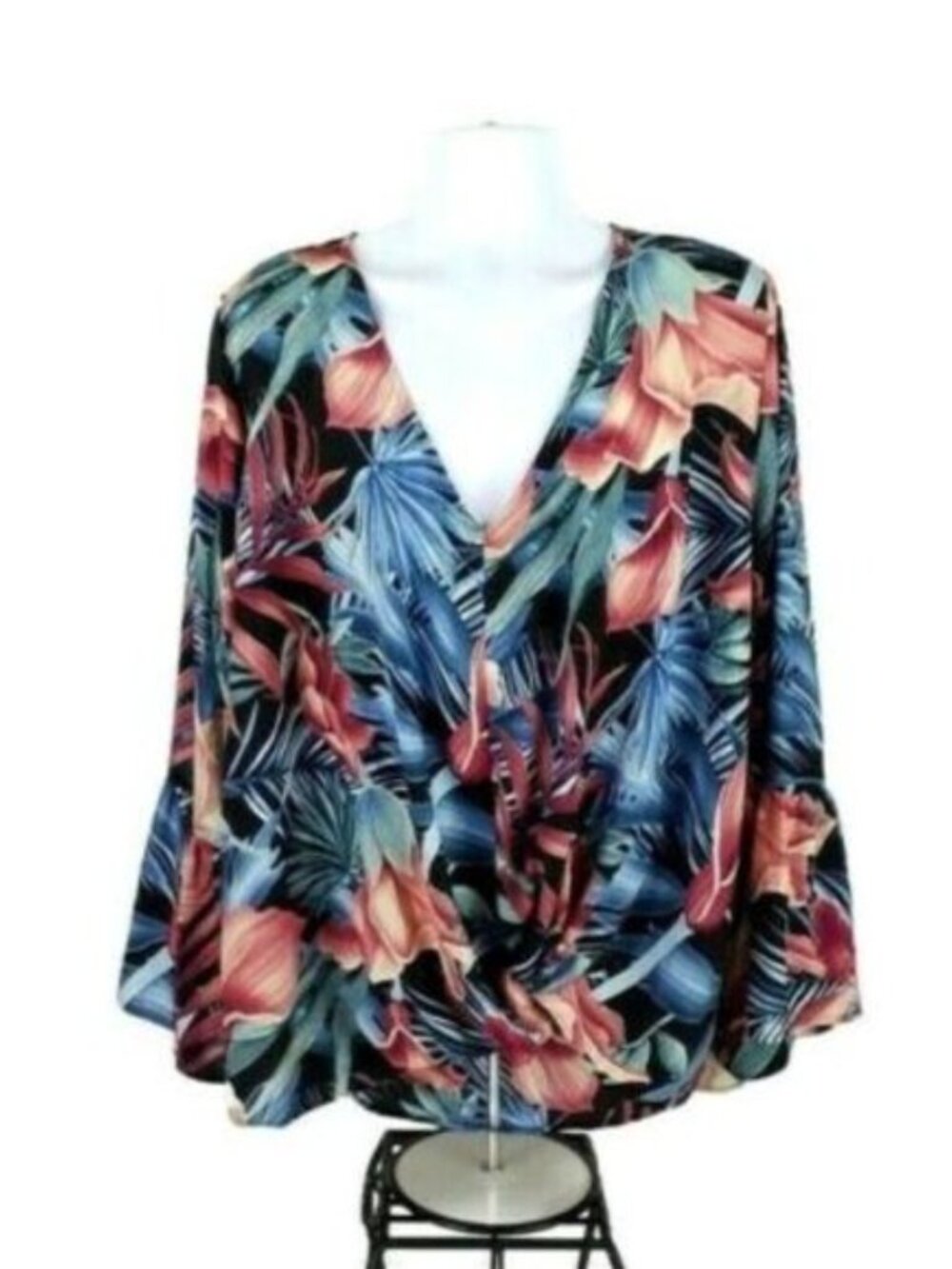 ODDY Tropical Floral Ruffle Bell Sleeve V Neck Blouse Multicolor Plus 3X NWOT - Picture 12 of 12